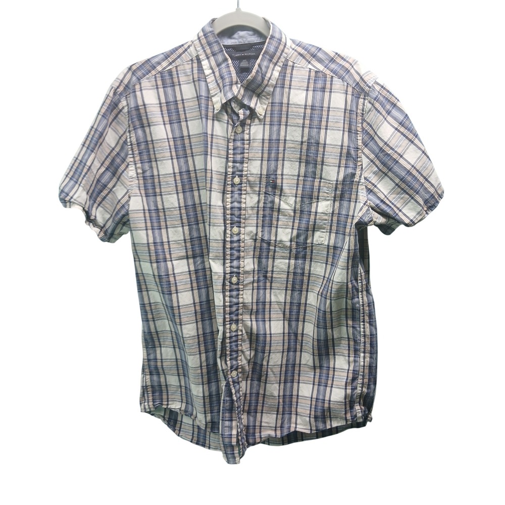 Tommy Hilfiger Mens L G Plaid Short Sleeve Button Up Shirt‎